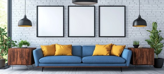 Modern living room with blue sofa, yellow pillows, and three blank frames on a brick wall.