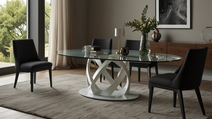 Obraz premium Modern glass oval dining table with white base and four black chairs on rug.
