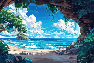 Fototapeta premium Tropical Beach Scene Viewed From A Cave