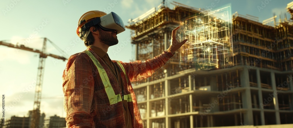 Poster construction worker using vr headset to visualize building design at construction site.