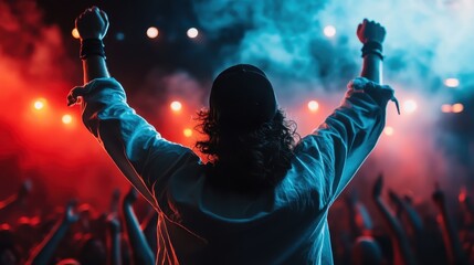 A person with raised arms faces a cheering crowd, silhouetted against vibrant red and blue stage...