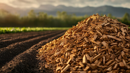 pile of organic biomass on vibrant farm field with scenic mountains