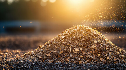 pile of organic biomass glows under warm sunlight on vibrant farm field