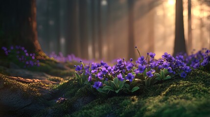 Obraz premium Sunlit forest floor with vibrant purple wildflowers blooming amongst moss and tree roots at sunrise.
