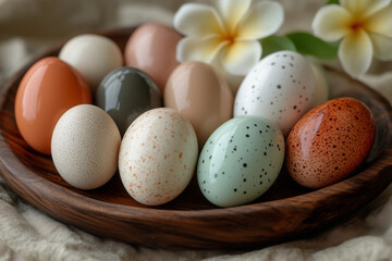 Creative composition of decorative eggs arranged elegantly on a wooden plate