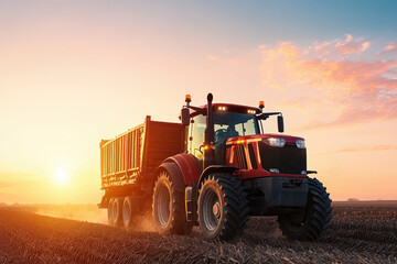 red tractor unloading organic agricultural material at sunset in harvested field
