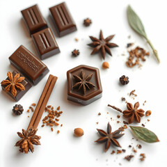 Chocolate and spices isolated on white