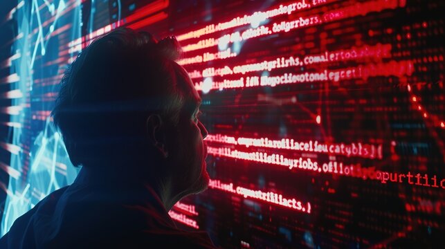 Cybersecurity expert analyzing network breach on large digital screen, lines of code and warning symbols visible, map of interconnected servers highlighting telecom system vulnerability.
