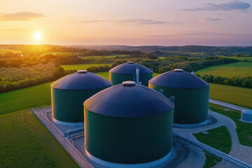 Modern agricultural facility with biomass storage tanks at sunset in rural landscape