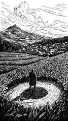 A black-and-white illustration of a man standing in a cornfield, overlooking a village with a majestic mountain in the background