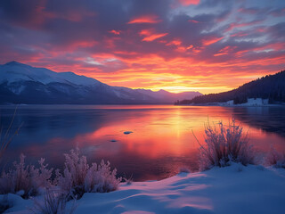 Fototapeta premium Cold winter day sunset Scenic view of lake against sky and mountains.