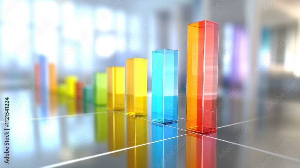 Poster a 3d bar chart with translucent bars in various colors, floating in space with subtle reflections on