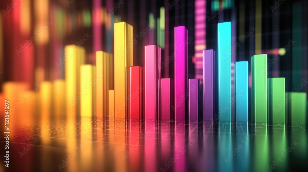 Poster a 3d bar chart with translucent bars in various colors, floating in space with subtle reflections on