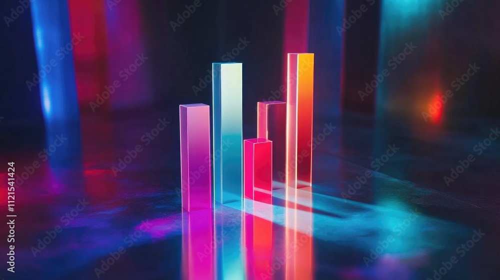 Poster a 3d bar chart with translucent bars in various colors, floating in space with subtle reflections on
