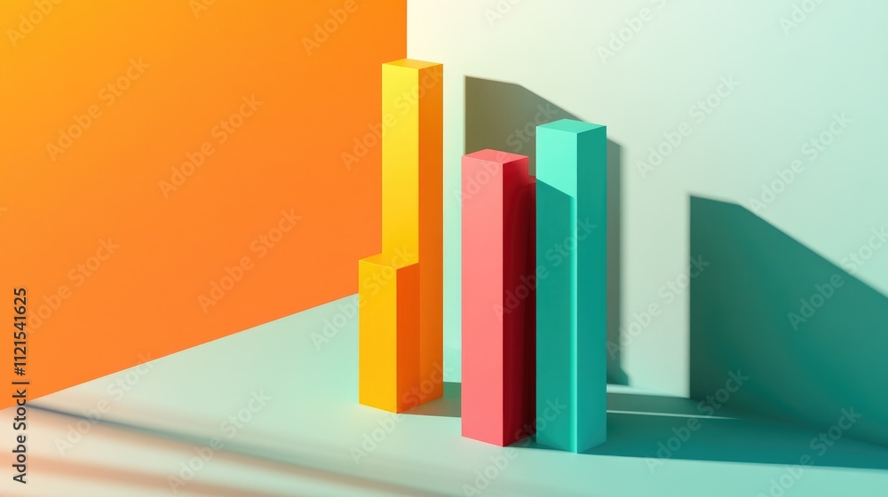 Poster a 3d bar graph with rising colored blocks, casting long shadows on a light gradient background for a