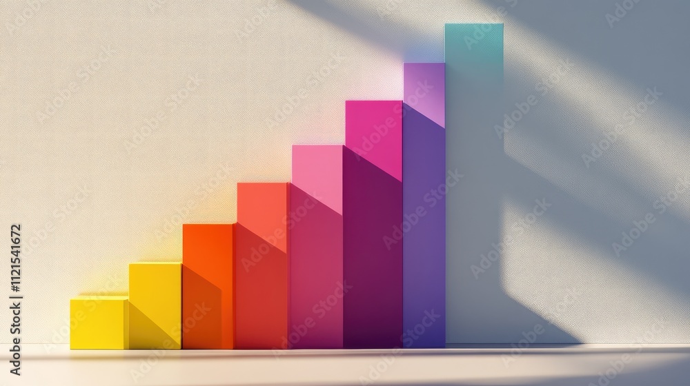 Poster a 3d bar graph with rising colored blocks, casting long shadows on a light gradient background for a