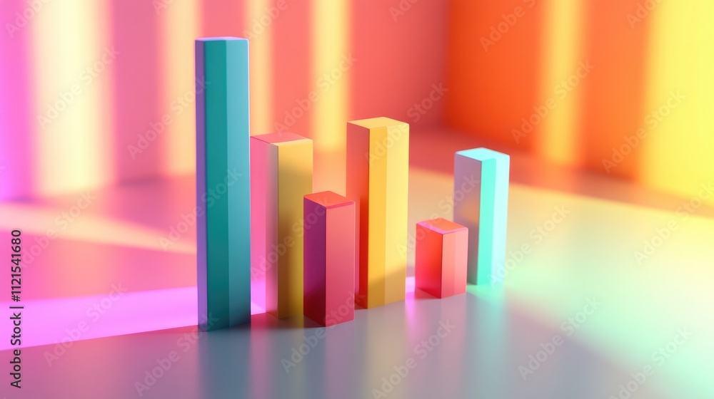 Poster a 3d bar graph with rising colored blocks, casting long shadows on a light gradient background for a