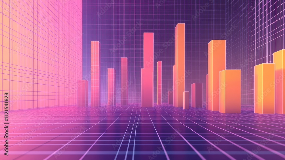 Poster a 3d bar graph with smooth, reflective bars in gradient shades, each bar representing data, with a m