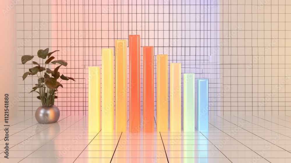 Poster a 3d bar graph with smooth, reflective bars in gradient shades, each bar representing data, with a m