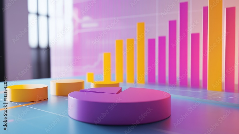 Poster a 3d pie chart and bar graphs representing business analytics, with clear data points and growth tre