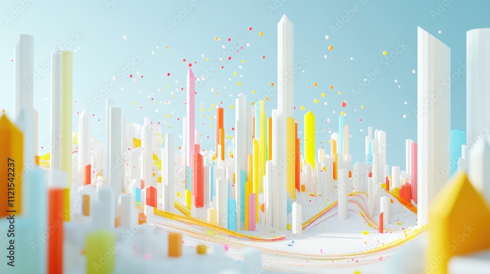 Poster a 3d rendered graph showcasing a business growth in a futuristic style, with rising lines and colorf