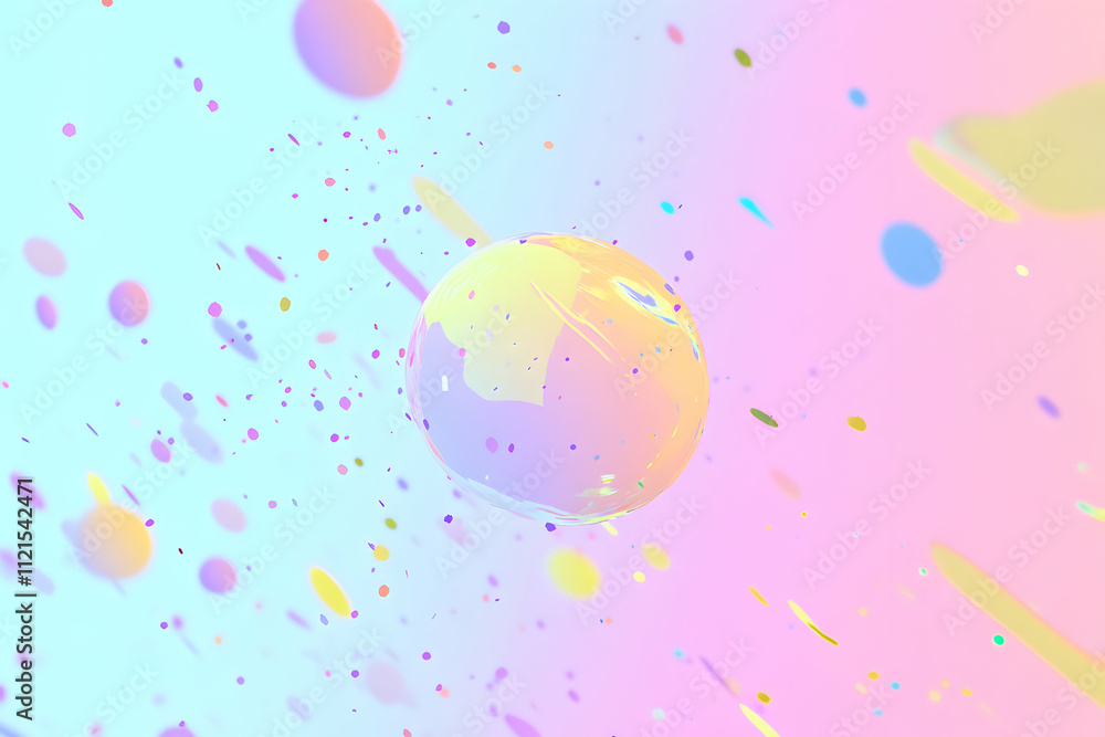 Poster pastel iridescent sphere amidst a flurry of colorful confetti, creating a dreamy, ethereal backgroun
