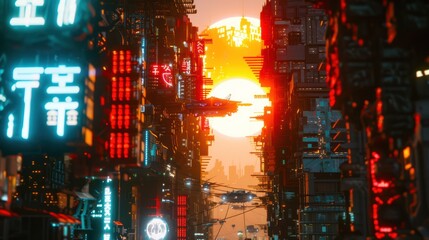 Cyberpunk Sunset: A Futuristic Cityscape at Dusk
