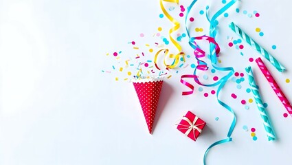 Obraz premium Celebration,party backgrounds concepts ideas with colorful confetti,streamers and gift box.Flat lay 