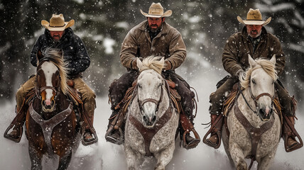 Ranchers navigate snowy terrain on horseback during a cattle drive