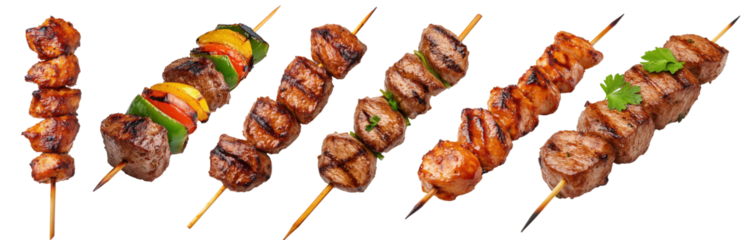PNG grilled meat skewers set with beef, chicken, vegetables, and barbecue kebabs.