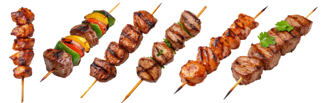 PNG grilled meat skewers set with beef, chicken, vegetables, and barbecue kebabs.