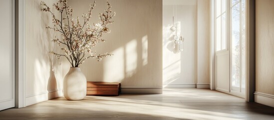 Sunlit hallway with vase of dried flowers and wooden box.