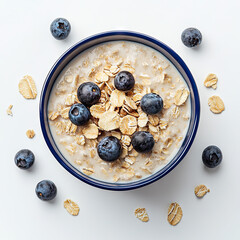 Oatmeal with blueberries in a bowl, top view