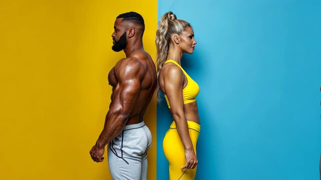 Athlete man and woman standing back to back on a yellow and blue background. Bodybuilders in gym.