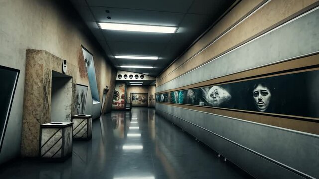 Walking into long corridor with art installations and portraits on walls, illuminated by harsh fluorescent lights. POV perspective creates surreal atmosphere reminiscent of the backrooms.
