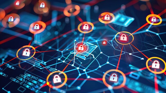 Cybersecurity expert analyzing network breach on large digital screen, lines of code and warning symbols visible, map of interconnected servers highlighting telecom system vulnerability.
