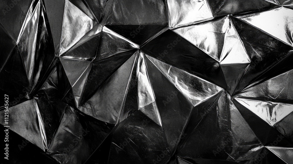 Poster abstract black and white geometric texture of folded material with triangular shapes and reflective 