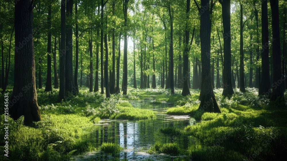 Poster a calm mangrove forest with tall trees stretching toward the sky, their roots creating patterns in t