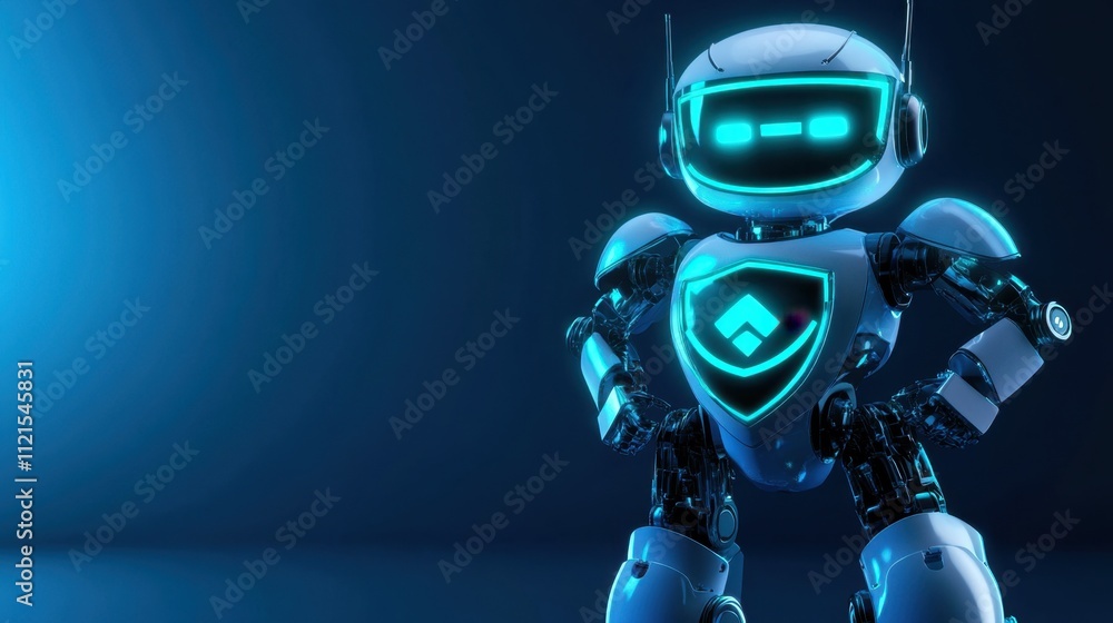 Poster a bold robot with a glowing cyber shield, standing confidently on a blue background symbolizing adva