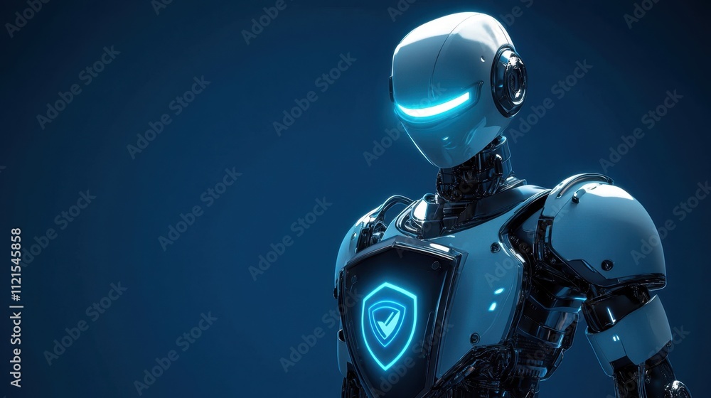 Poster a bold robot with a glowing cyber shield, standing confidently on a blue background symbolizing adva