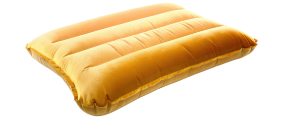 Inflatable travel pillow in gold color isolated with transparent background