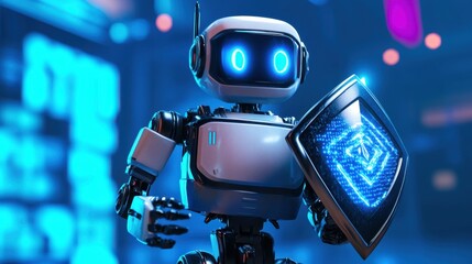 A cyber-inspired robot holding a radiant shield, ideal for symbolizing digital security and innovation against a vivid blue backdrop