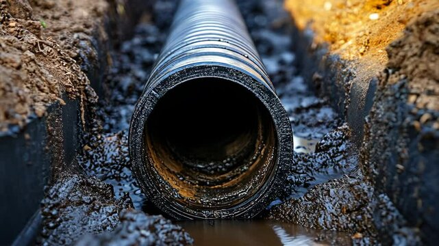 Construction workers install drainage pipe in a muddy trench at a construction site during the day