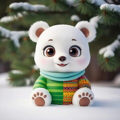A cartoon bear is sitting in the snow with a green and blue striped sweater on. The bear has a happy expression on its face