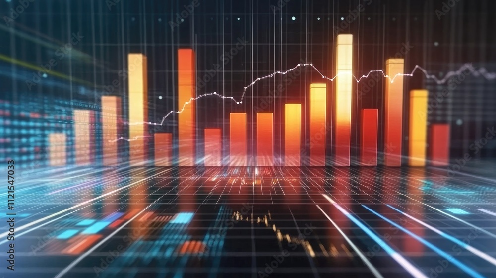 Poster a clean 3d bar chart on a dark background with bright, colorful bars representing different data poi