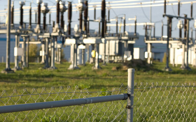 High voltage power line, Power lines sunset. Electricity storage, power plant.