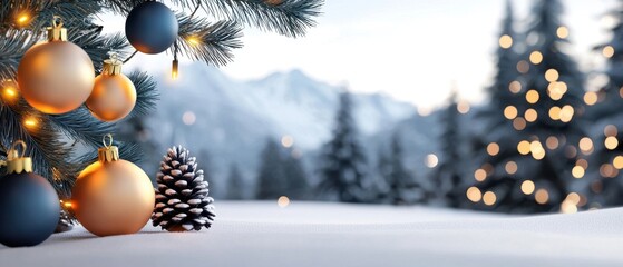 Winter Wonderland with Christmas Ornaments and Snowy Landscape