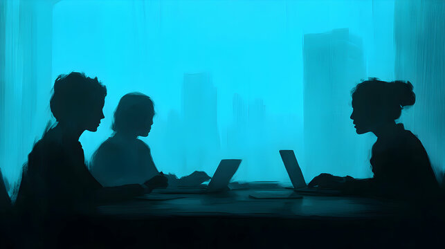 Silhouetted women collaborate on laptops, a city skyline backdrop in teal hues.  Mysterious and modern business meeting.