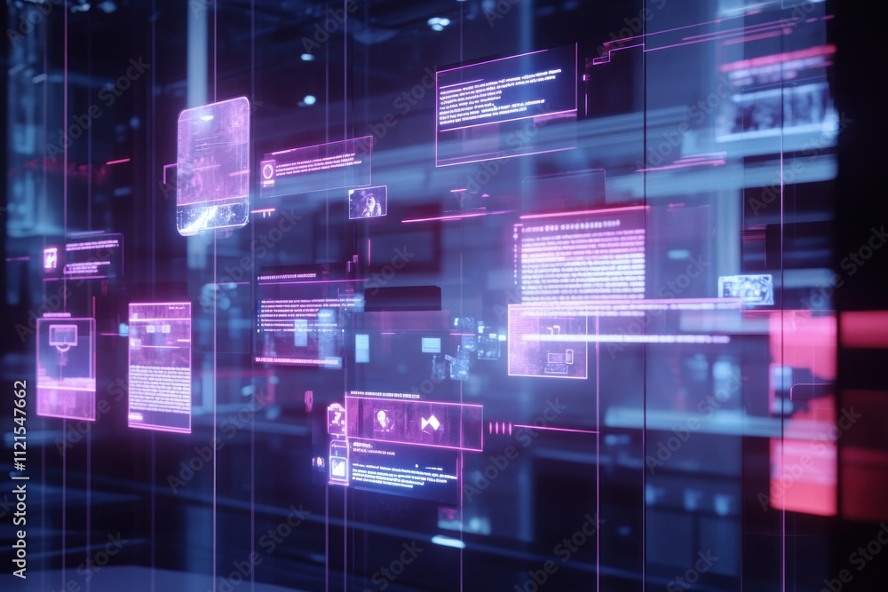 Aufkleber abstract futuristic digital interface with holographic data streams and glowing pink and purple hud 