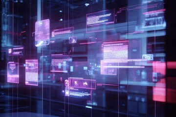 Fototapeta premium Abstract futuristic digital interface with holographic data streams and glowing pink and purple HUD elements.